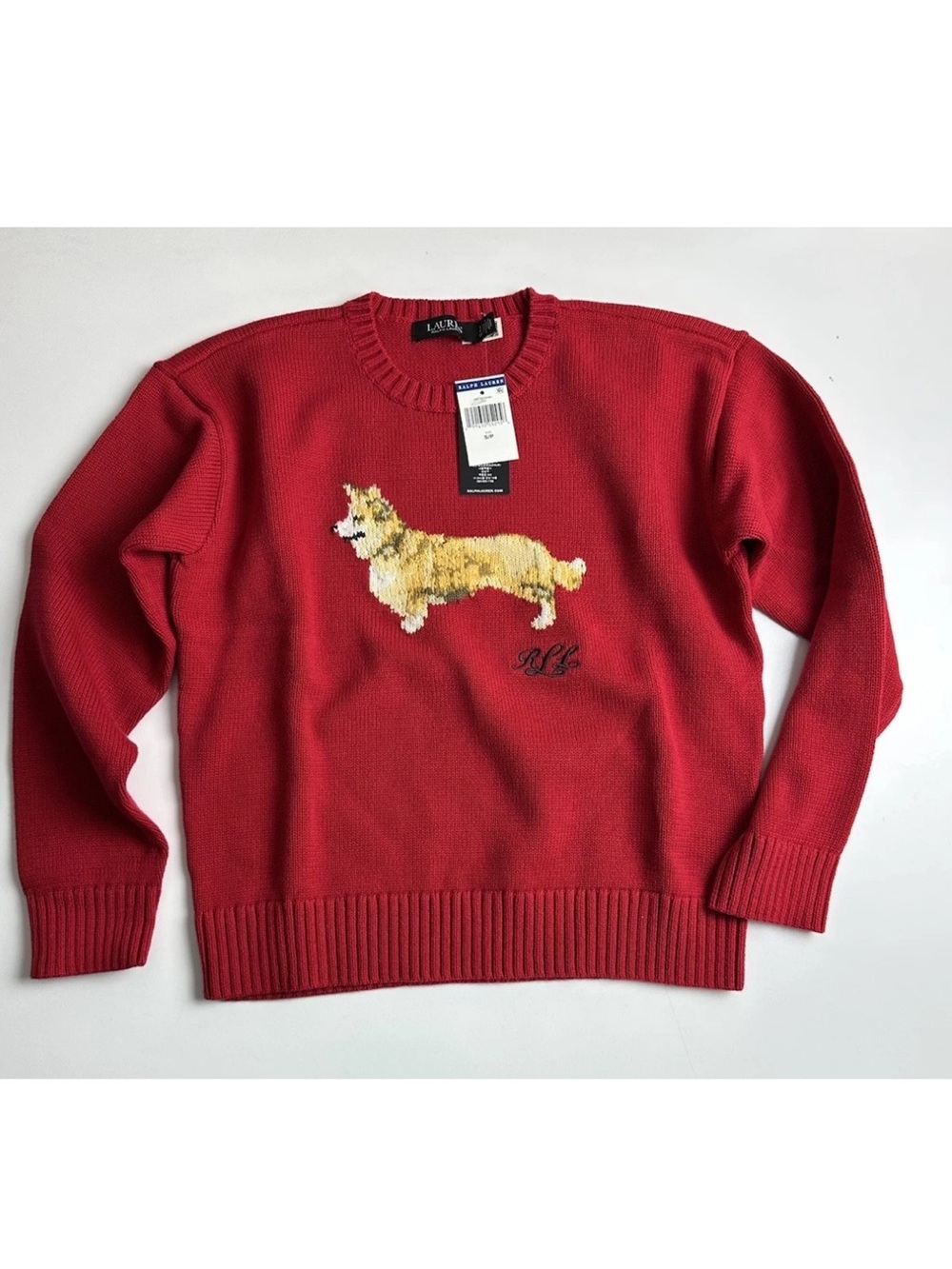 Ralph Lauren Intarsia-Knit Corgi Dog Cotton Red Sweater NWT Size Small